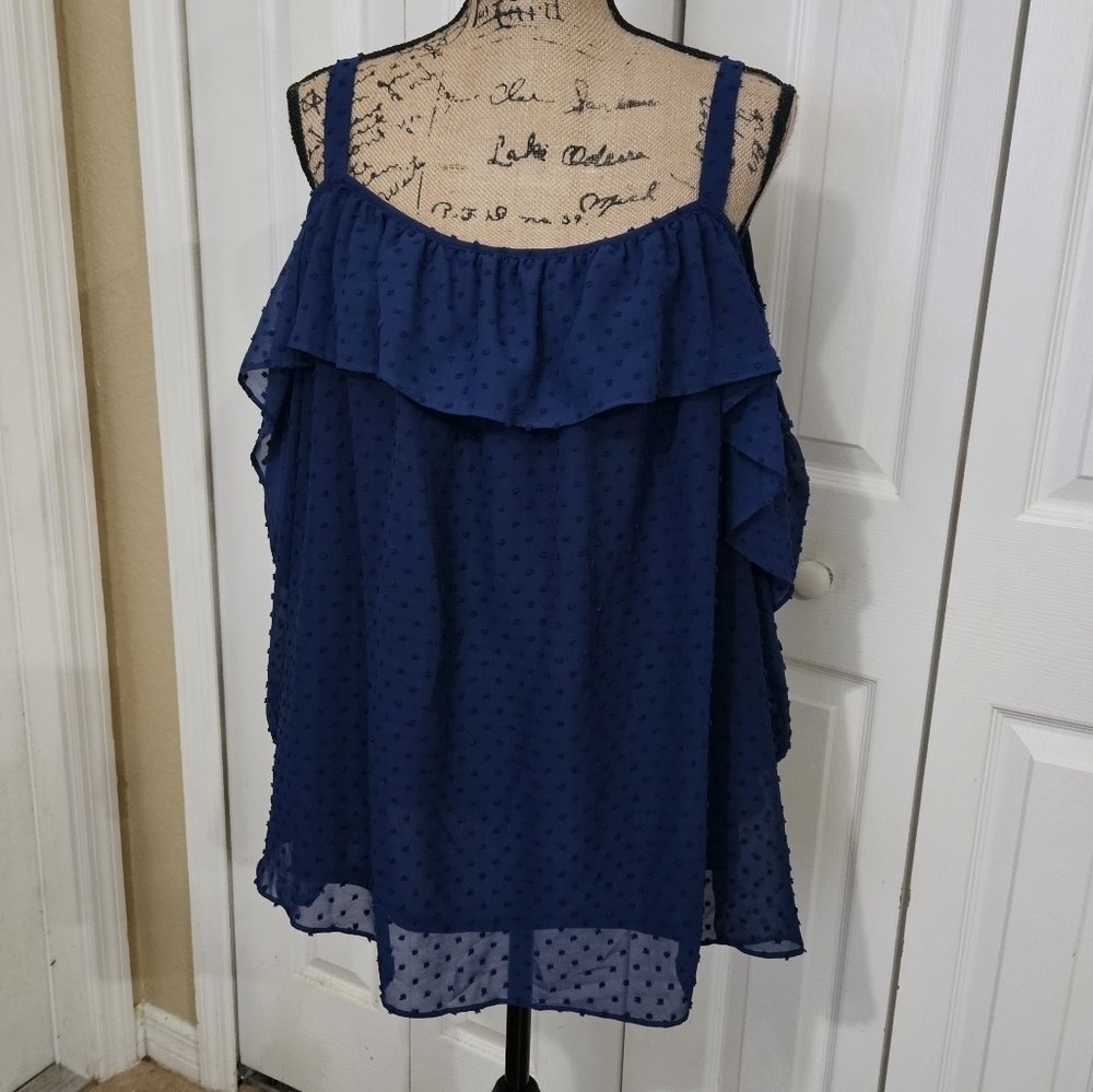 Boutique Navy Blue Swiss Dot Cold Shoulder Blouse Size 2X